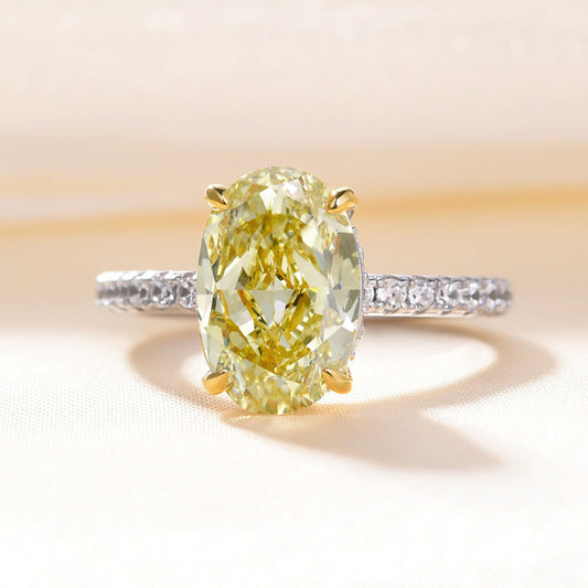 Oval Cut 3.0 Ct Solitaire Halo Ring | Light Yellow Simulated Stone | Solid Gold & Silver