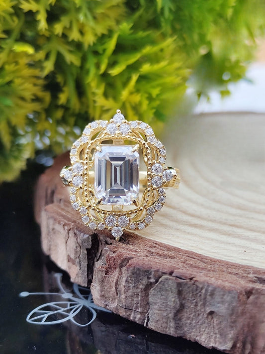 2.0 Ct Emerald Cut Moissanite Art Deco Ring for Women | Round Cut Side Stones | Sterling Silver & 18K Gold