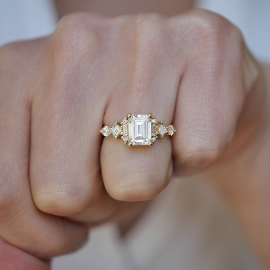 Engagement Ring |  2.50 Ct Emerald Cut Moissanite Ring with Baguette & Round Diamonds