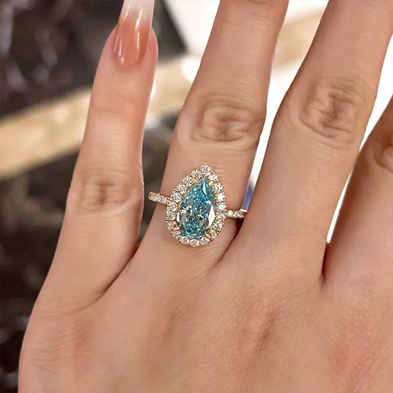 3.0 Ct Pear Cut Cyan Blue Bridal Ring Set | Sterling Silver & 18K Gold Engagement Ring