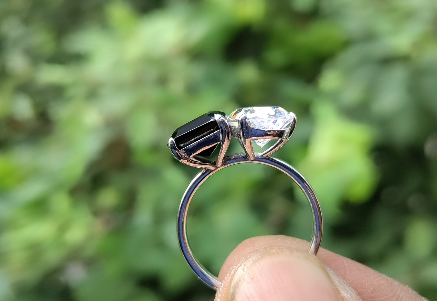 Toi et Moi Ring | 3.0 Ct Radiant & Pear Cut Black Stone Women's Ring | Solitaire & Prong Set in Solid Gold & Silver