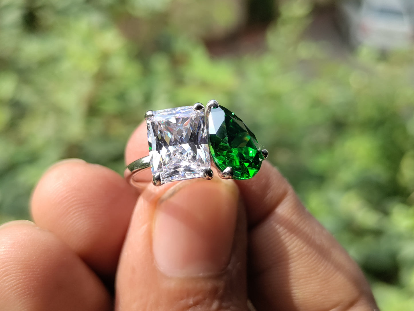 Toi et Moi Ring | 3.0 Ct Radiant & Pear Cut Green Stone Women's Ring | Solitaire in 10K Gold & Silver