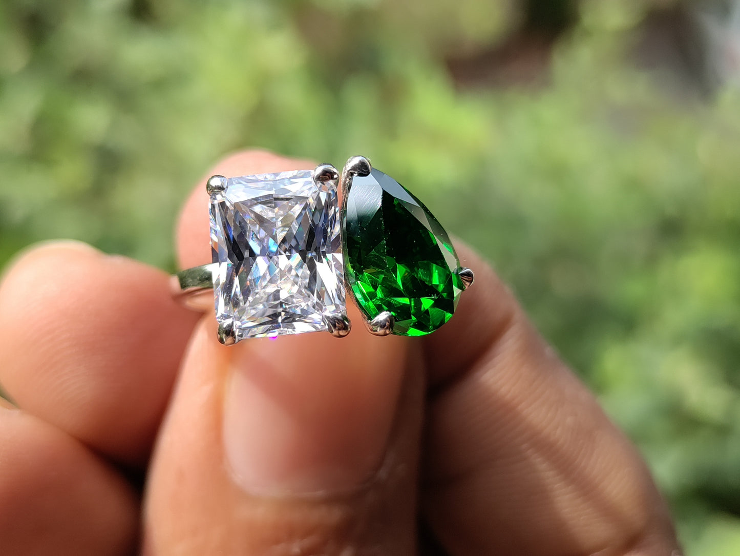 Toi et Moi Ring | 3.0 Ct Radiant & Pear Cut Green Stone Women's Ring | Solitaire in 10K Gold & Silver