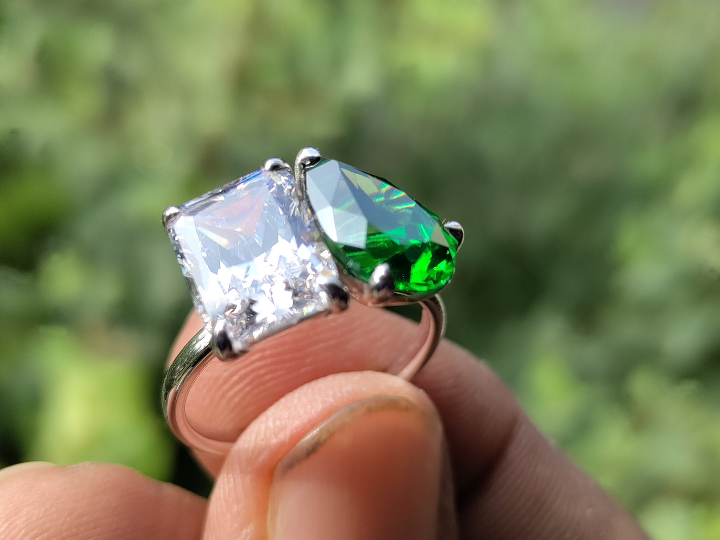 Toi et Moi Ring | 3.0 Ct Radiant & Pear Cut Green Stone Women's Ring | Solitaire in 10K Gold & Silver