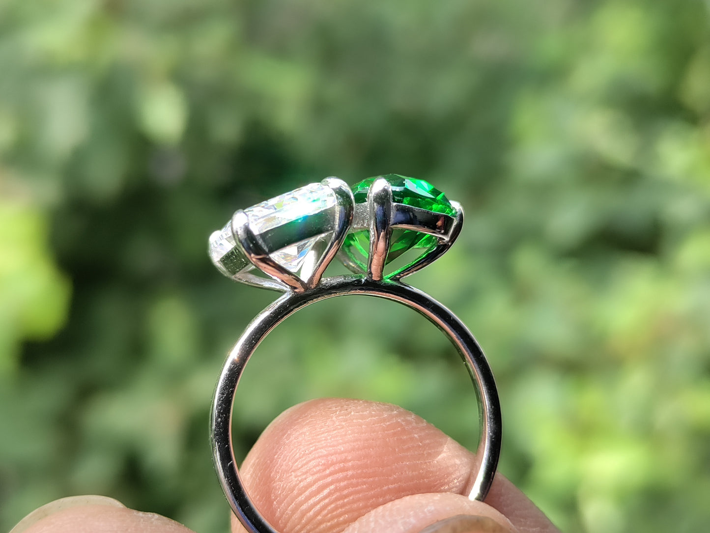 Toi et Moi Ring | 3.0 Ct Radiant & Pear Cut Green Stone Women's Ring | Solitaire in 10K Gold & Silver