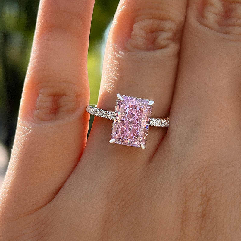 3.50 Ct Radiant Cut Light Pink Halo Ring in 14K Gold & 925 Silver | Pave Set Solid Gold Ring