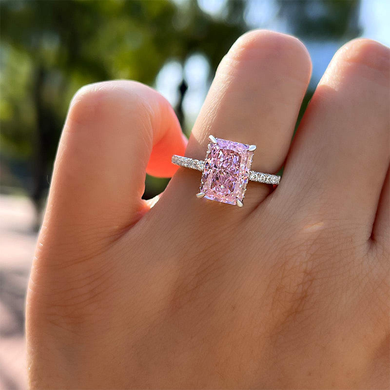 3.50 Ct Radiant Cut Light Pink Halo Ring in 14K Gold & 925 Silver | Pave Set Solid Gold Ring