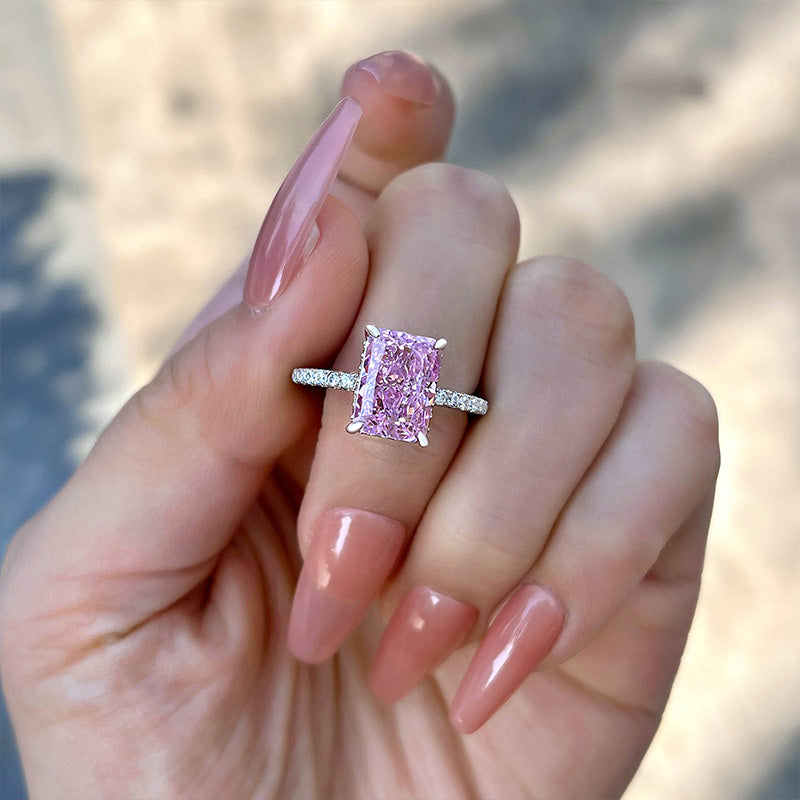 3.50 Ct Radiant Cut Light Pink Halo Ring in 14K Gold & 925 Silver | Pave Set Solid Gold Ring