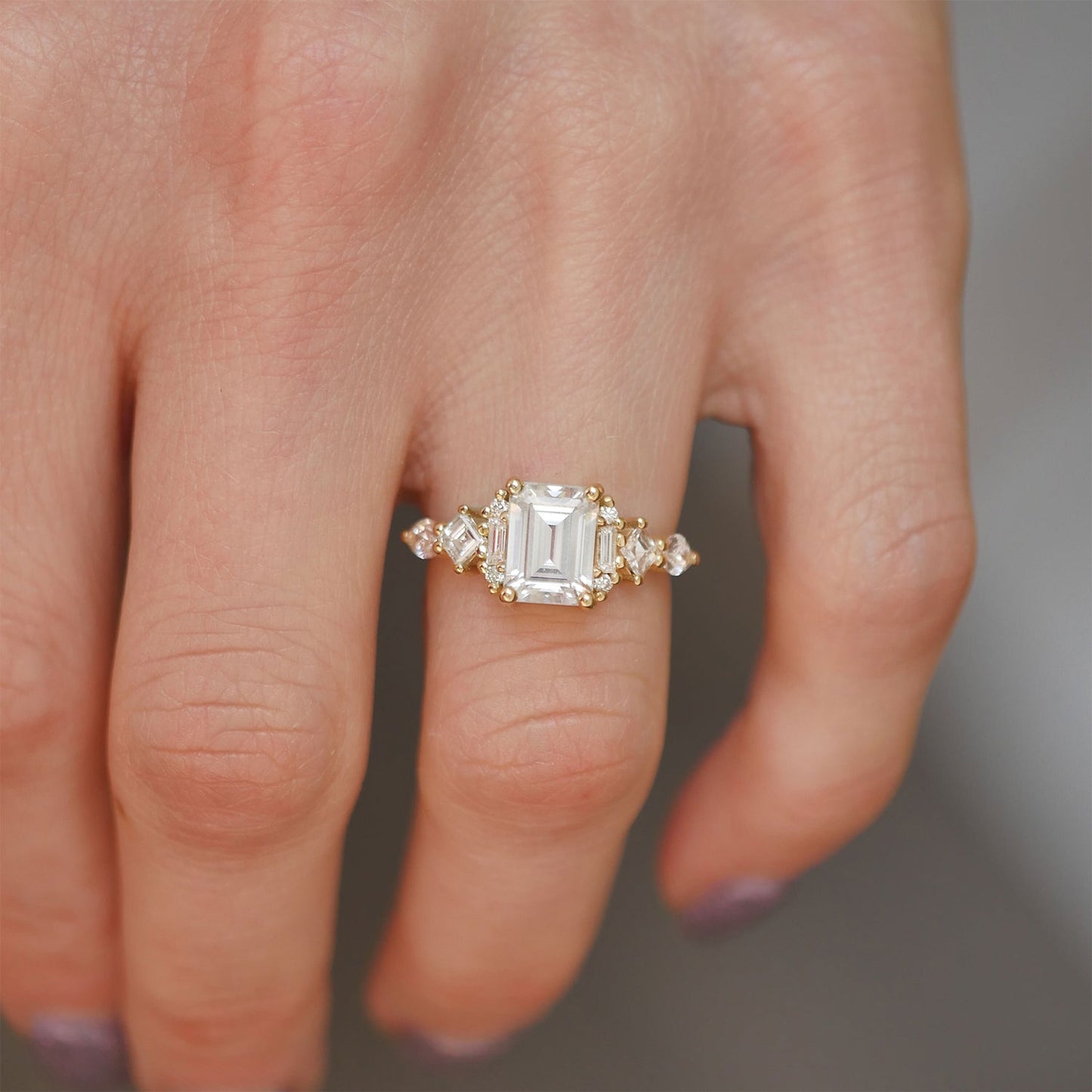 Engagement Ring |  2.50 Ct Emerald Cut Moissanite Ring with Baguette & Round Diamonds