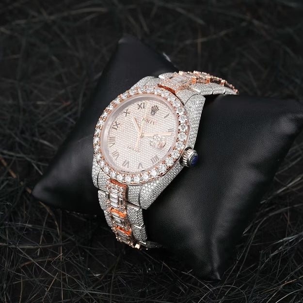 Rolex Datejust Fully Iced Out Two-Tone White & Rose Gold Moissanite Diamond Watch – Luxury Custom Men's Timepiece