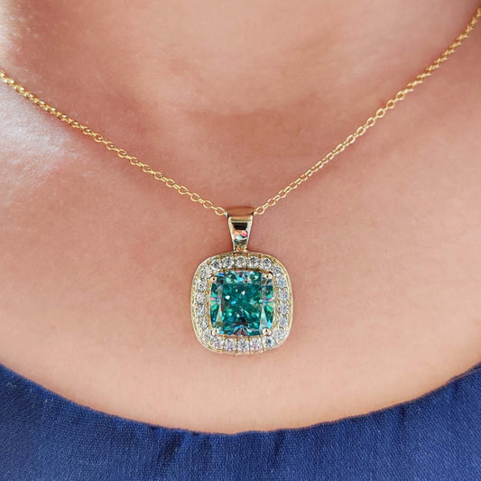 14K Gold Pendant with 3.50 Ct Cushion Cyan Blue Halo | Sterling Silver Pendant Jewelry