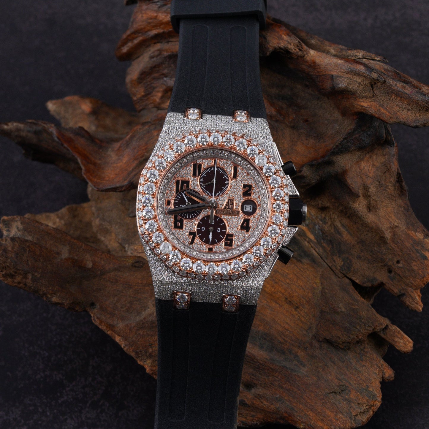 Audemars Piguet Custom Diamond Watch | Black Numeric Hour Dial & Black Rubber Strap