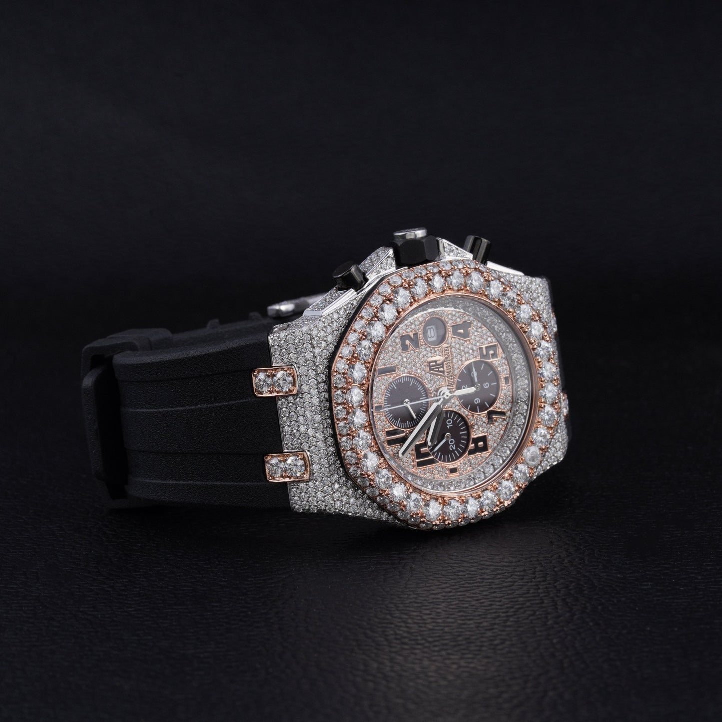 Audemars Piguet Custom Diamond Watch | Black Numeric Hour Dial & Black Rubber Strap