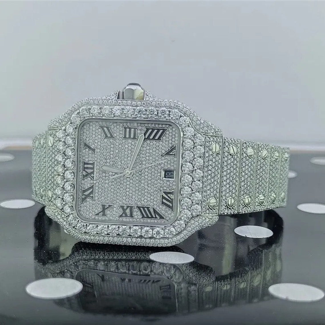 Iced Out Moissanite Diamond Watch | Cartier Style with Japanese Movement & Roman Numerals | VVS Diamond Wrist Watch