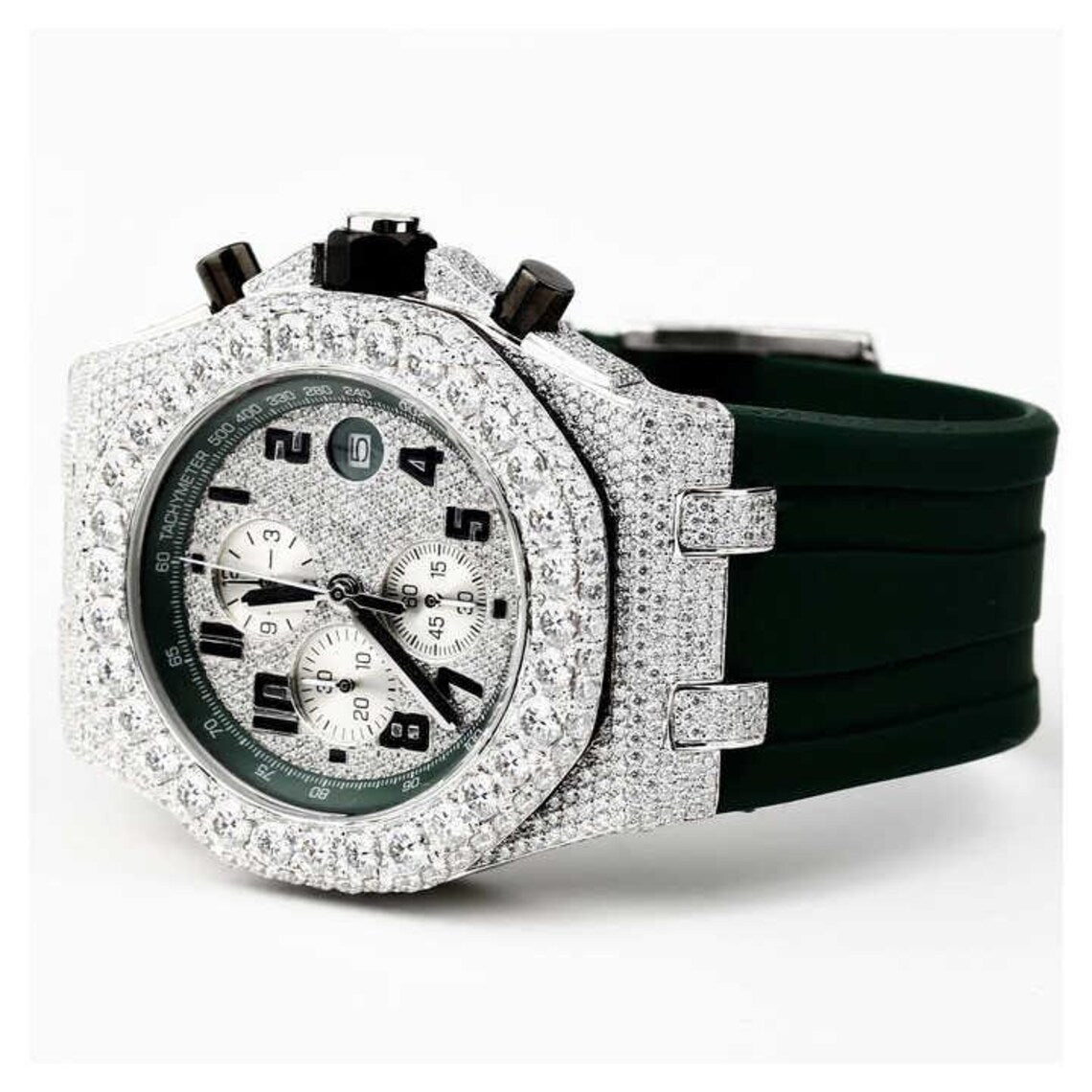 Handmade VVS Moissanite Diamond Bust Down Watch – Luminous Men's Wristwatch with Studded Iced Out Design