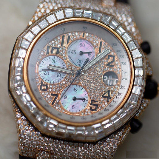 Exquisite Rose Tone Dial Iced Out Watch – Luxury Rubber Strap Moissanite Diamond Timepiece for Men & Women