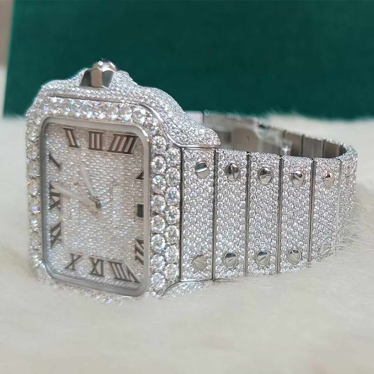 Iced Out Moissanite Diamond Watch | Cartier Style with Japanese Movement & Roman Numerals | VVS Diamond Wrist Watch