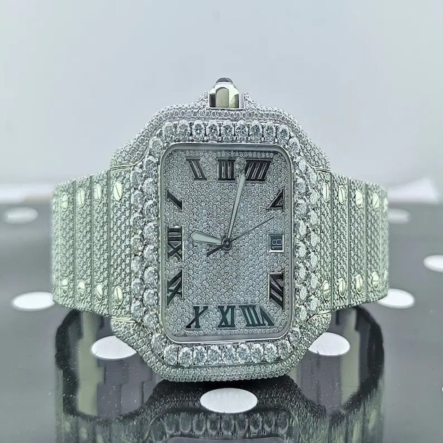 Iced Out Moissanite Diamond Watch | Cartier Style with Japanese Movement & Roman Numerals | VVS Diamond Wrist Watch