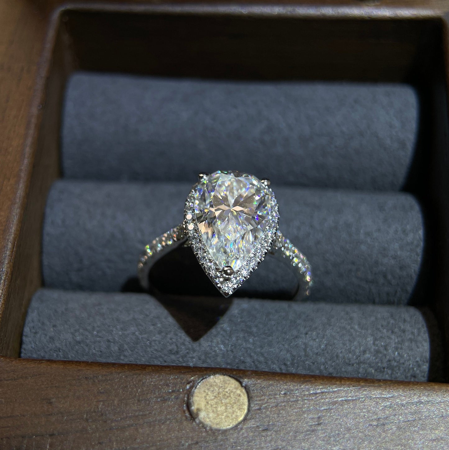 3.0 Ct Pear Cut Halo Engagement Ring | Pave & Prong Setting in 14K Gold & Sterling Silver