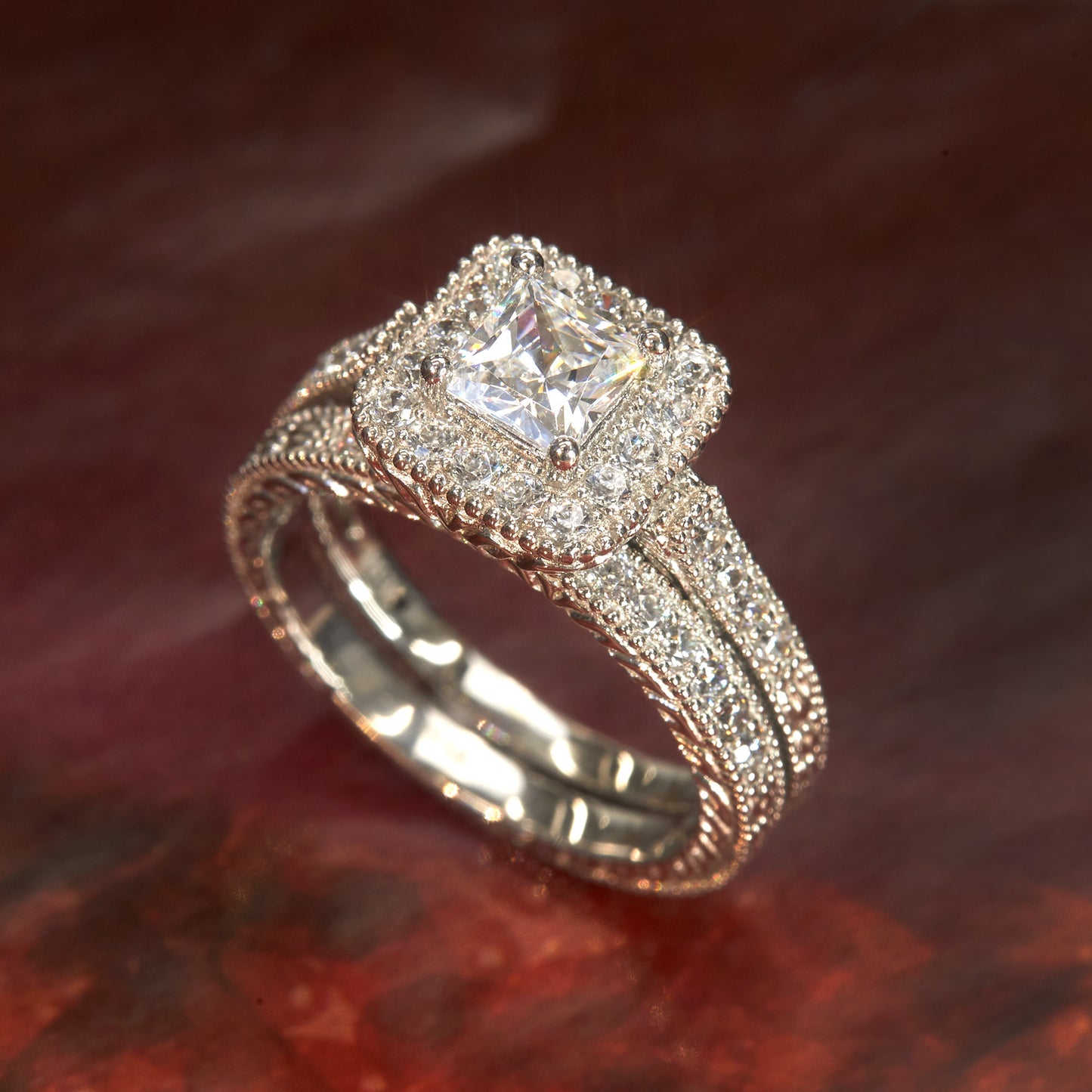 1.50 Ct Princess Cut Diamond Ring Set | Vintage Halo Pave Engagement Ring in Solid Gold & Sterling Silver