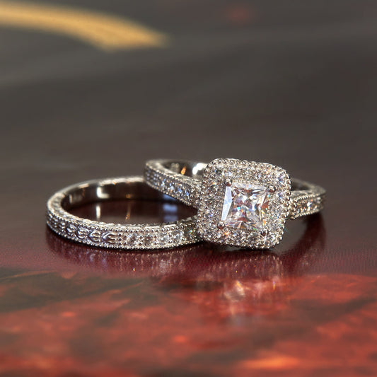 1.50 Ct Princess Cut Diamond Ring Set | Vintage Halo Pave Engagement Ring in Solid Gold & Sterling Silver