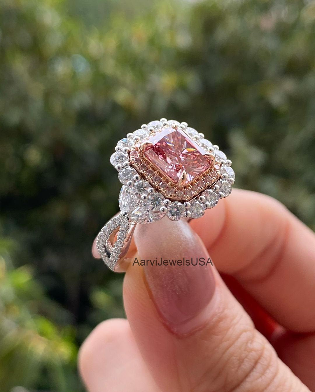 3.0 Ct Pink Radiant Halo Diamond Ring for Women | Prong & Pave Gold and Silver Gemstone Ring