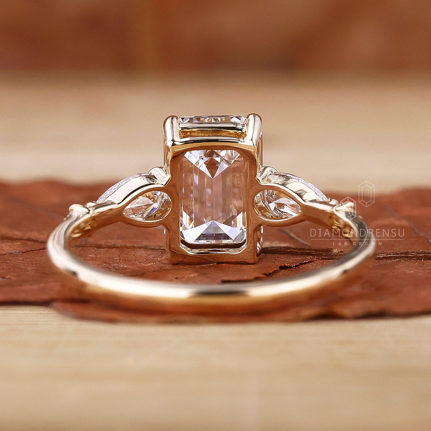 Three-Stone Emerald Cut Solitaire Engagement Ring for Women | Prong Set in Gold & Silver