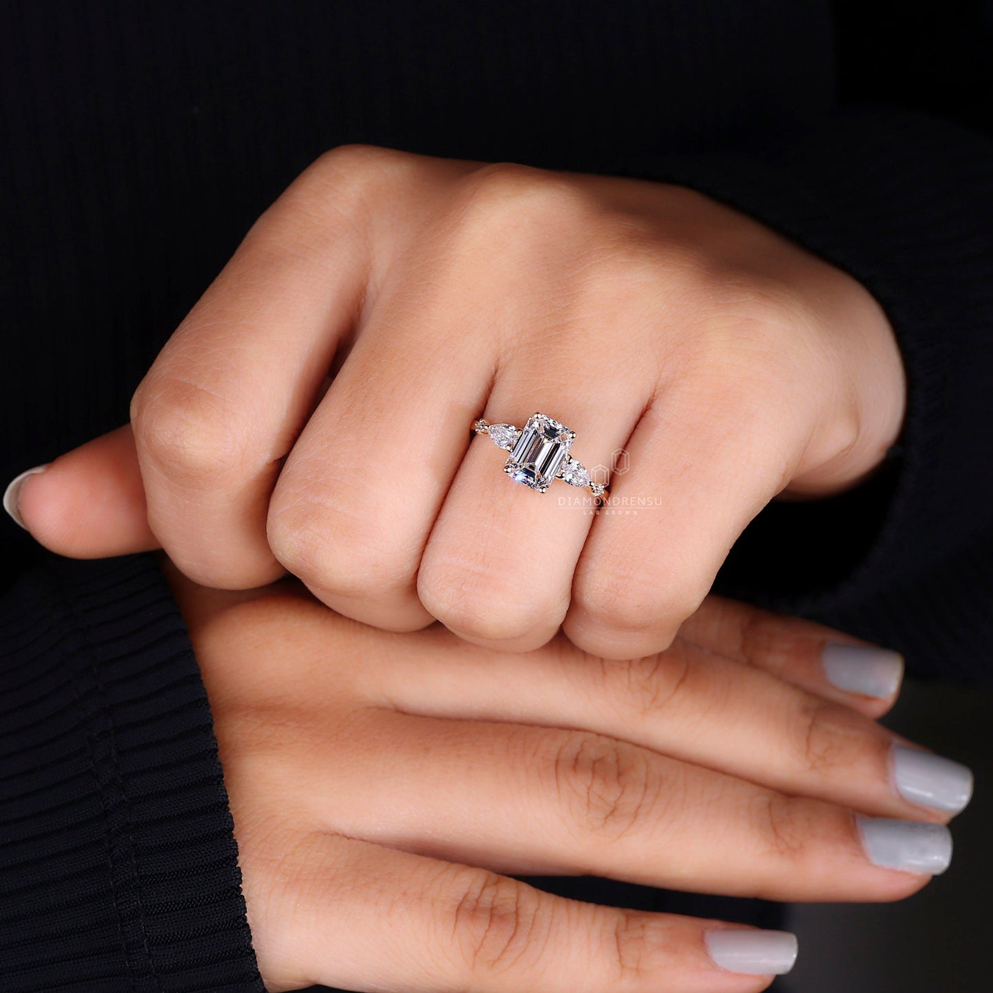 Three-Stone Emerald Cut Solitaire Engagement Ring for Women | Prong Set in Gold & Silver