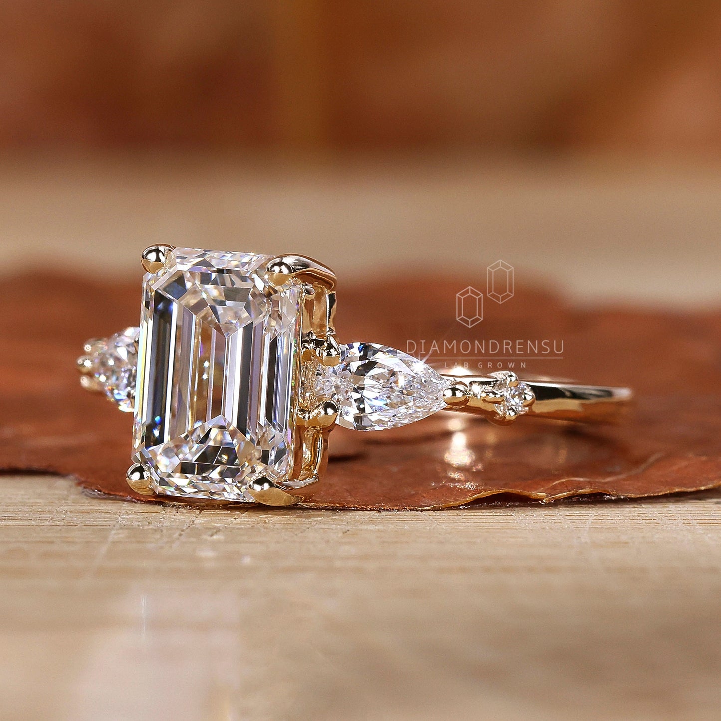 Three-Stone Emerald Cut Solitaire Engagement Ring for Women | Prong Set in Gold & Silver