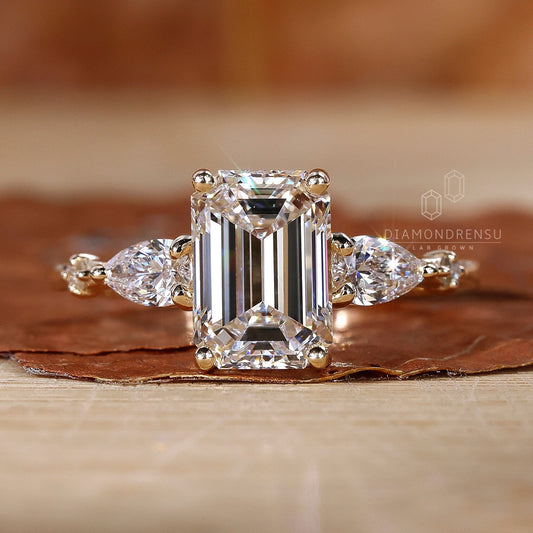 Three-Stone Emerald Cut Solitaire Engagement Ring for Women | Prong Set in Gold & Silver