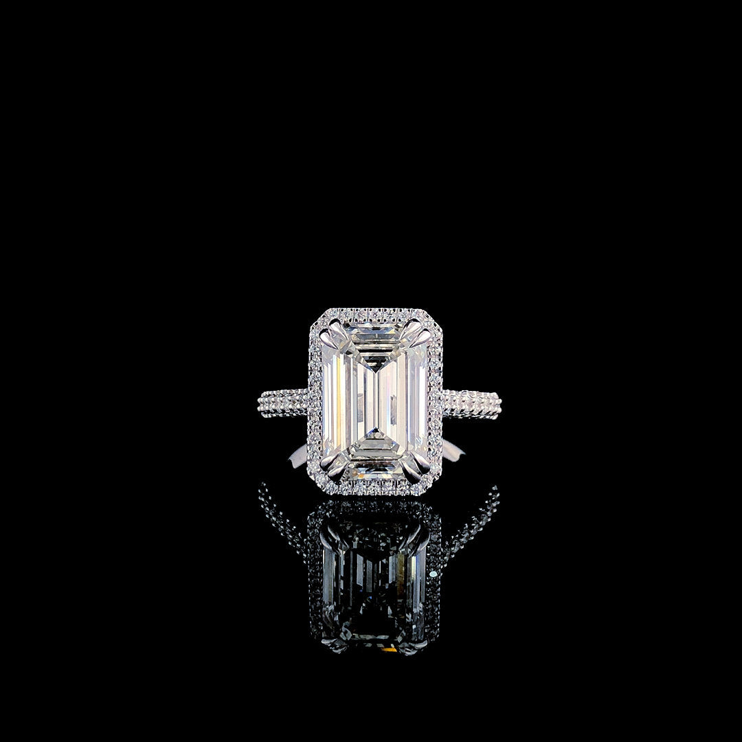 Engagement Ring 3.0 CT Emerald Cut Halo Pave Set Women's Ring in Sterling Silver & Solid Gold