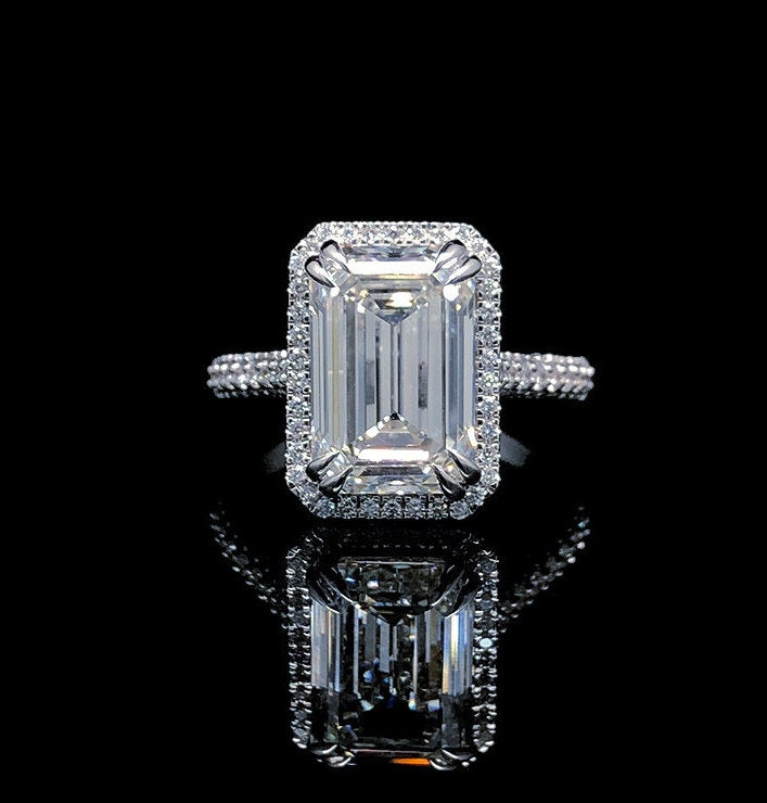 Engagement Ring 3.0 CT Emerald Cut Halo Pave Set Women's Ring in Sterling Silver & Solid Gold