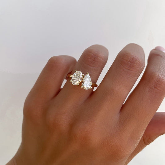 Toi et Moi Ring | 2.50 Ct Oval & Pear Cut Women's Ring | Solitaire & Prong Set in Solid Gold & Silver