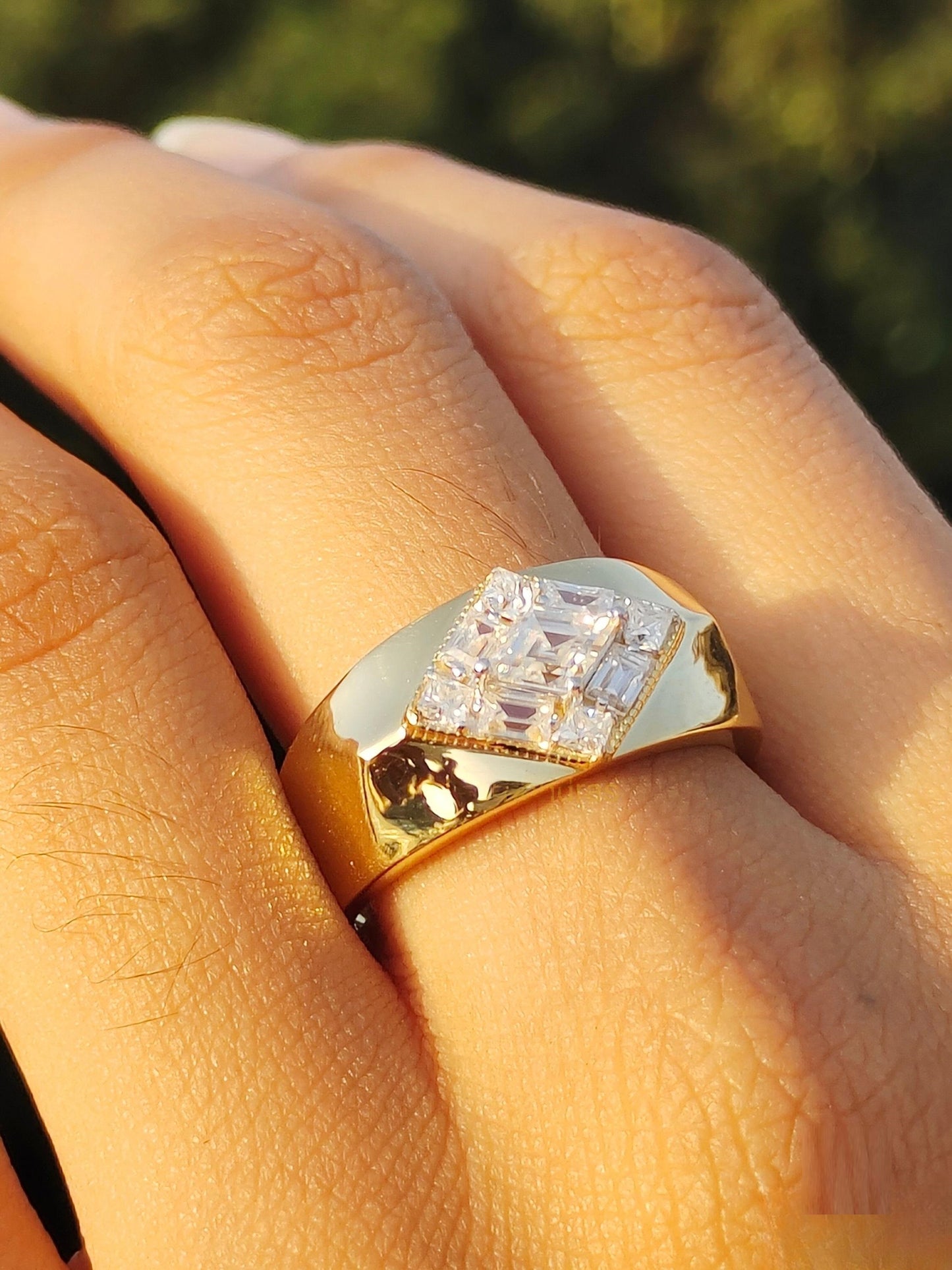 Kite Cut Men's Engagement Ring | Moissanite Princess & Baguette Cut | 14K Gold & Sterling Silver