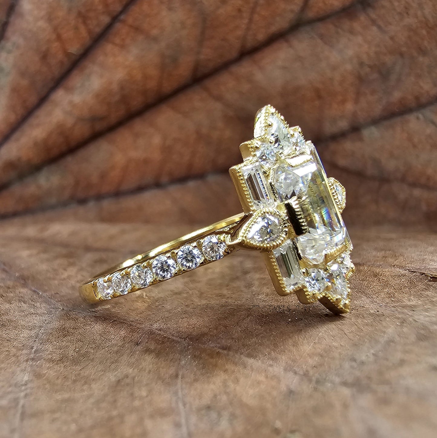 Art Deco 1.50 Ct Emerald Cut Women's Ring with Pear & Round Cut Side Stones | 10K Gold & Sterling Silver