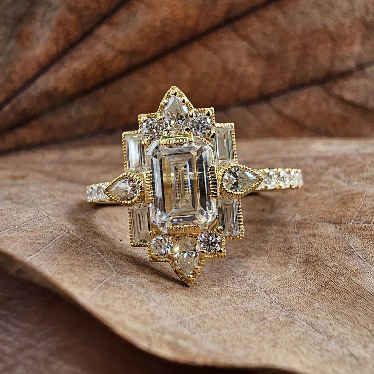 Art Deco 1.50 Ct Emerald Cut Women's Ring with Pear & Round Cut Side Stones | 10K Gold & Sterling Silver