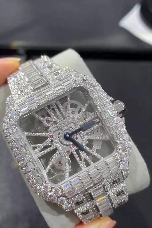 Iced Out Moissanite Watch | Baguette & Round Cut | Cartier Style with Japanese Movement