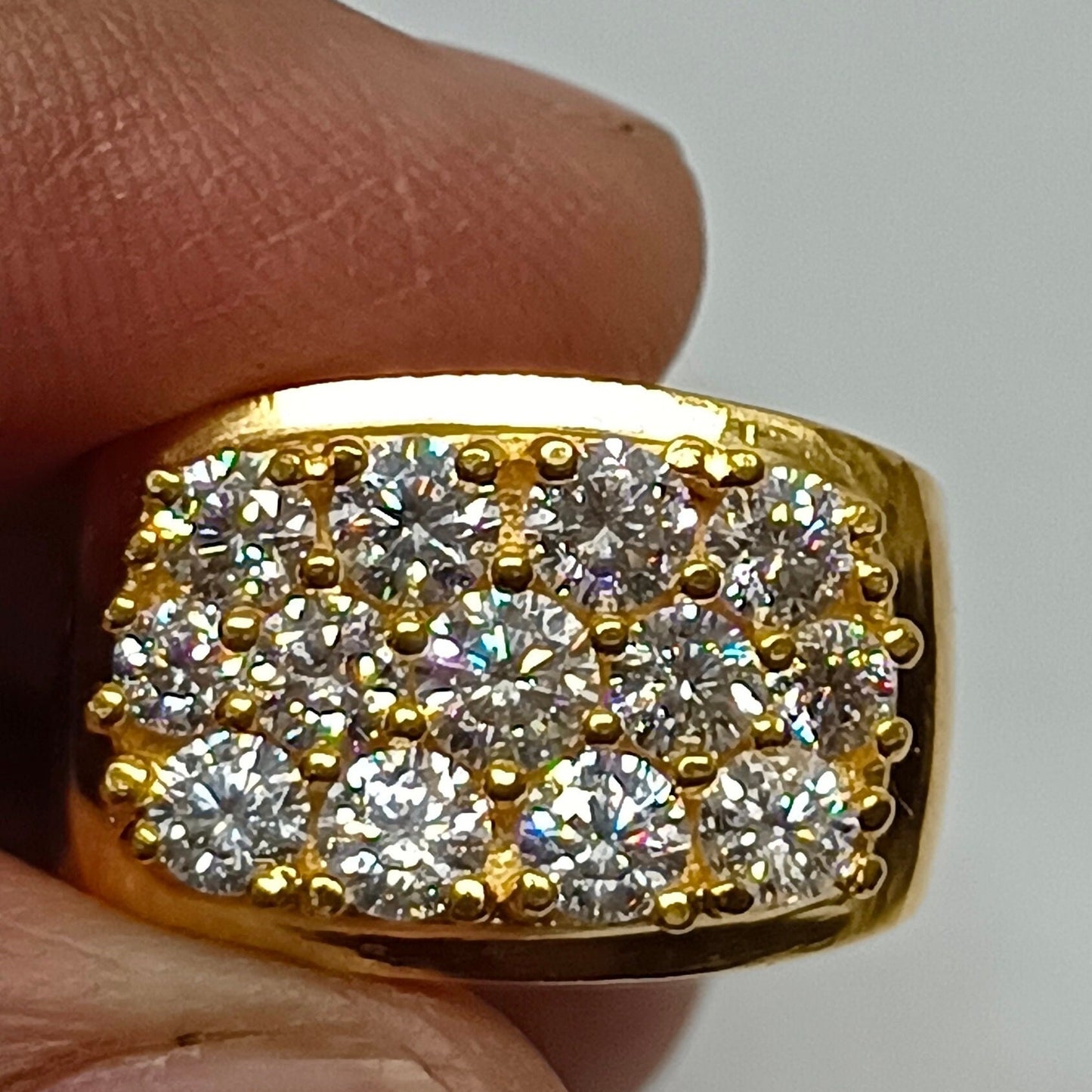 10K Yellow Gold & Sterling Silver Cluster Simulated Diamond Men's Hip Hop Ring