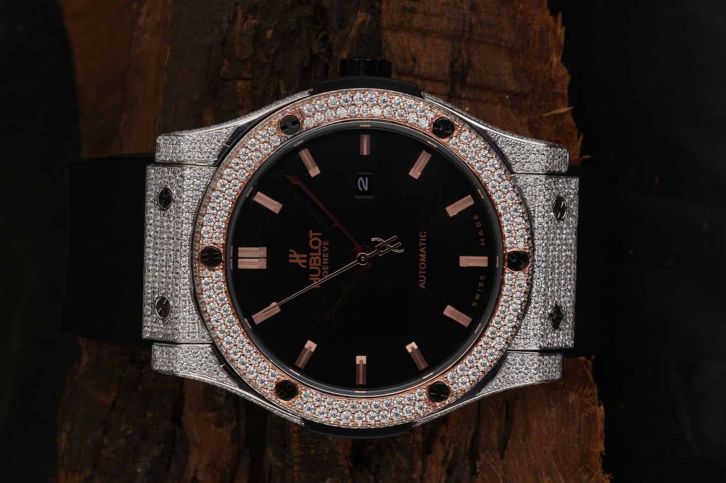 Luxury Moissanite Diamond Watch | Fully Iced Out Automatic Watch | White & Black Rubber Strap | Hip-Hop Custom Design