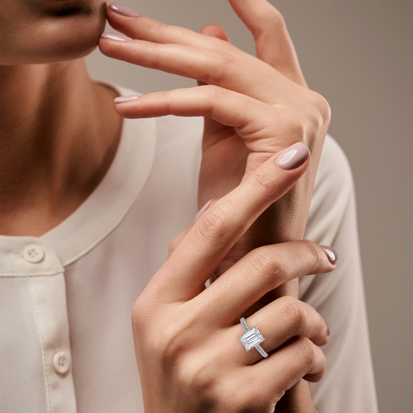 Emerald Cut Moissanite Engagement Ring – Rose Gold Pave Band, Elegant Solitaire Bridal Ring