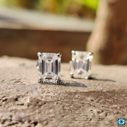 Customizable Stud Earrings 1.0 to 5.0 Carats | Emerald Cut Sterling Silver & Gold