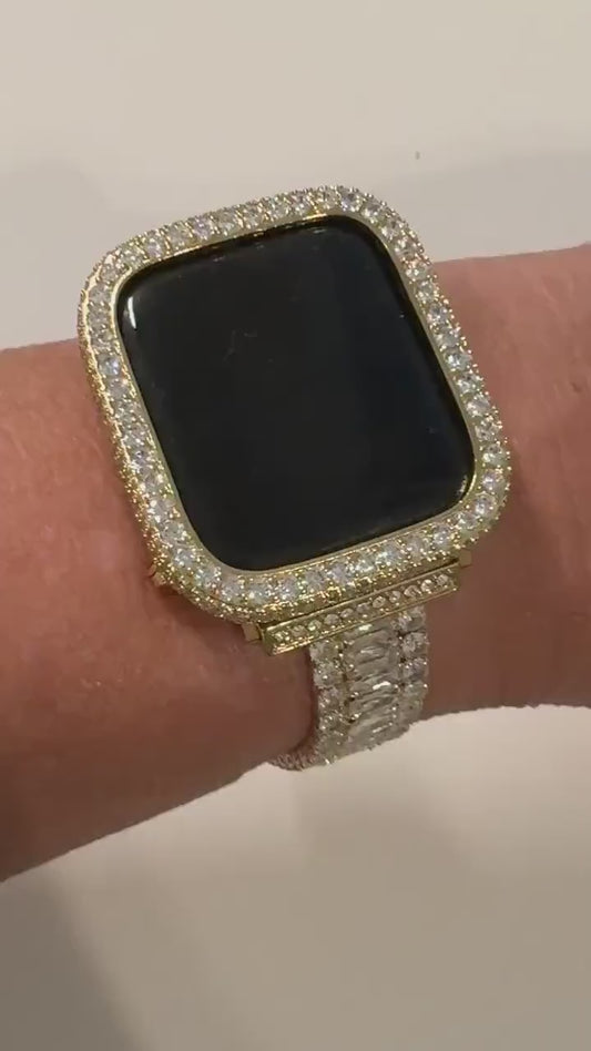 Moissanite Diamond Apple Watch Band &amp; 14K Yellow Gold-Bezel Set – Luxury Women's Apple Watch Case Cover for Series 7, 8, 9