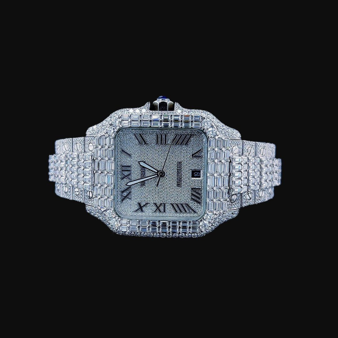 Luxury Roman Numeral Dial Watch | Diamond Studded Moissanite Timepiece