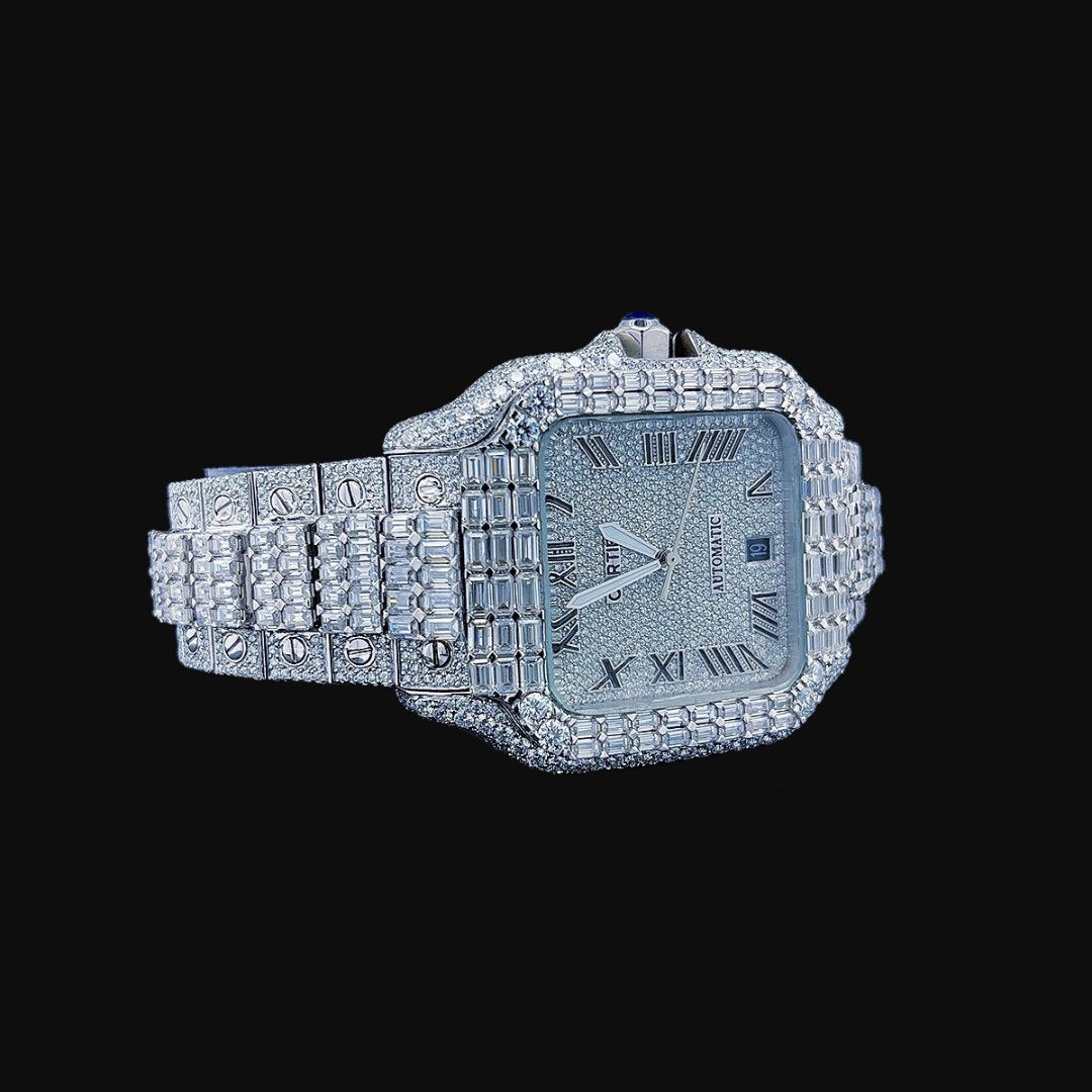 Luxury Roman Numeral Dial Watch | Diamond Studded Moissanite Timepiece