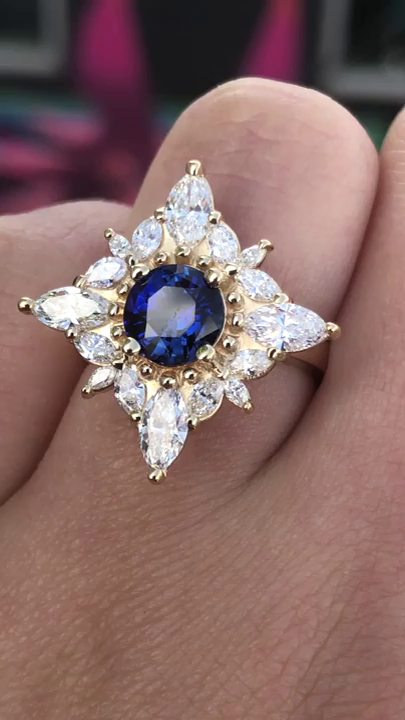 Cocktail Ring for Women | 1.75 Ct Round Cut Blue Stone with Sunburst Halo | Solitaire in 14K Gold & 925 Silver