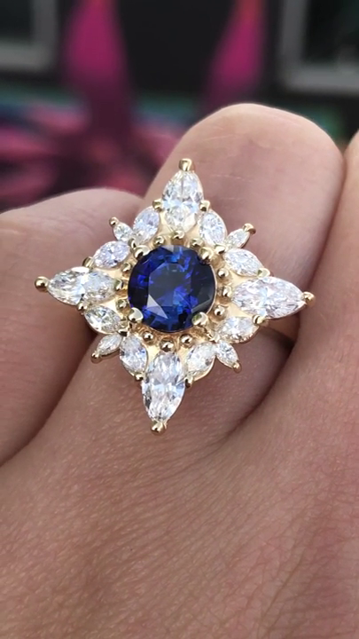 Cocktail Ring for Women | 1.75 Ct Round Cut Blue Stone with Sunburst Halo | Solitaire in 14K Gold & 925 Silver