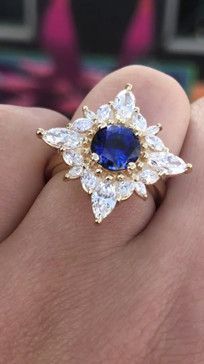 Cocktail Ring for Women | 1.75 Ct Round Cut Blue Stone with Sunburst Halo | Solitaire in 14K Gold & 925 Silver