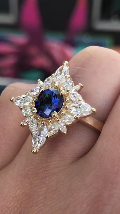 Cocktail Ring for Women | 1.75 Ct Round Cut Blue Stone with Sunburst Halo | Solitaire in 14K Gold & 925 Silver