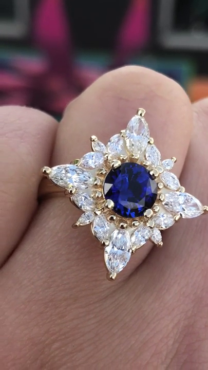 Cocktail Ring for Women | 1.75 Ct Round Cut Blue Stone with Sunburst Halo | Solitaire in 14K Gold & 925 Silver